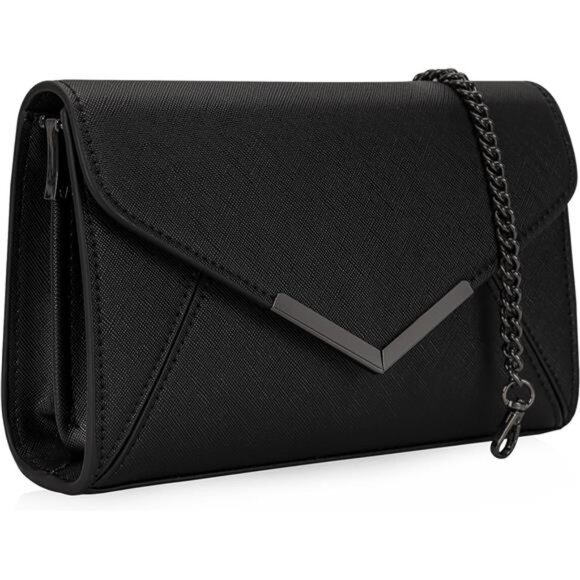 Women Envelope Clutch Faux Saffiano Leather Evening Handbag Black - Picture 1 of 8